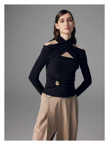 Club Babes Knitted Shirt 2025 Spring Metal Cross-Kin Knot Sexy Hollow Black Bottom Top Woman